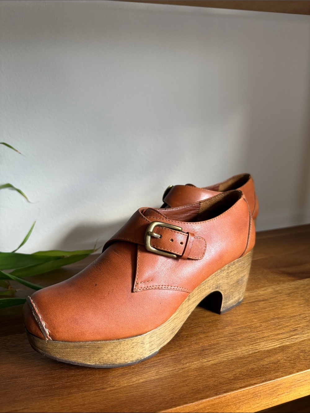 Rachel Comey Brown Leather Buckle Clogs with Wood Platform